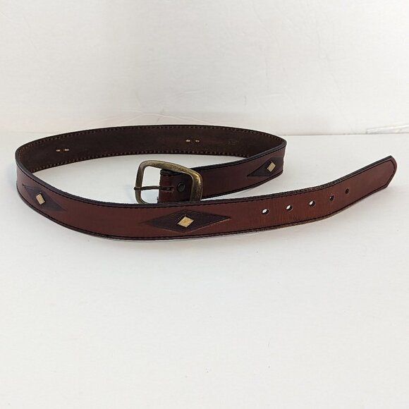 Western Leather Belt Diamond Pattern Geometric‎ Bronze Tone Hardware Vintage main image 4